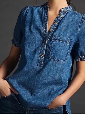 Urban Outfitters Ally Puff Sleeve by Pilcro Blue Denim Jean Top Size XS